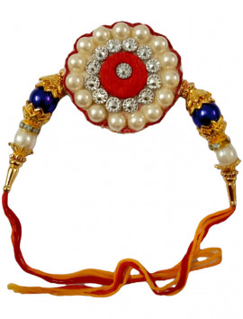 Rakhi - White Purple Beads White Stone Red Base Two Color Thread - Raksha Sutra - राखी रक्षा सूत्र #RA-0048