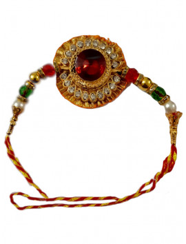 Round Rakhi - Big Red Stone Golden Green White Beads White Stone Red Yellow Thread - Raksha Sutra - राखी रक्षा सूत्र #RA-0053