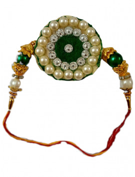 Rakhi - White Green Beads White Stone Green Base Two Color Thread - Raksha Sutra - राखी रक्षा सूत्र #RA-0054