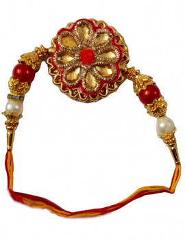 Round Rakhi Red Golden - White Red Beads Two Color Thread - Raksha Sutra - राखी रक्षा सूत्र #RA-0055