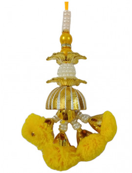 Golden Yellow Lumba Rakhi With White Pearls For Women With Pompom #RA-0021
