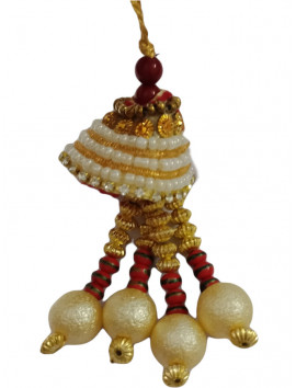 Lumba Rakhi With White Pearls Golden Red - Jari For Women With Pompom #RA-0022