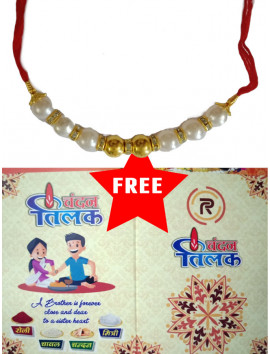 Golden White Pearls Rakhi With Stones Golden - Red Thread #RA-0036